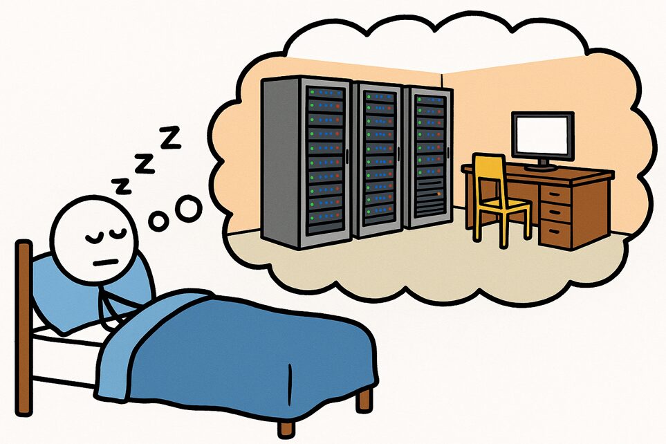 Cartoon image of a man in a bed, dream about a datacentre
