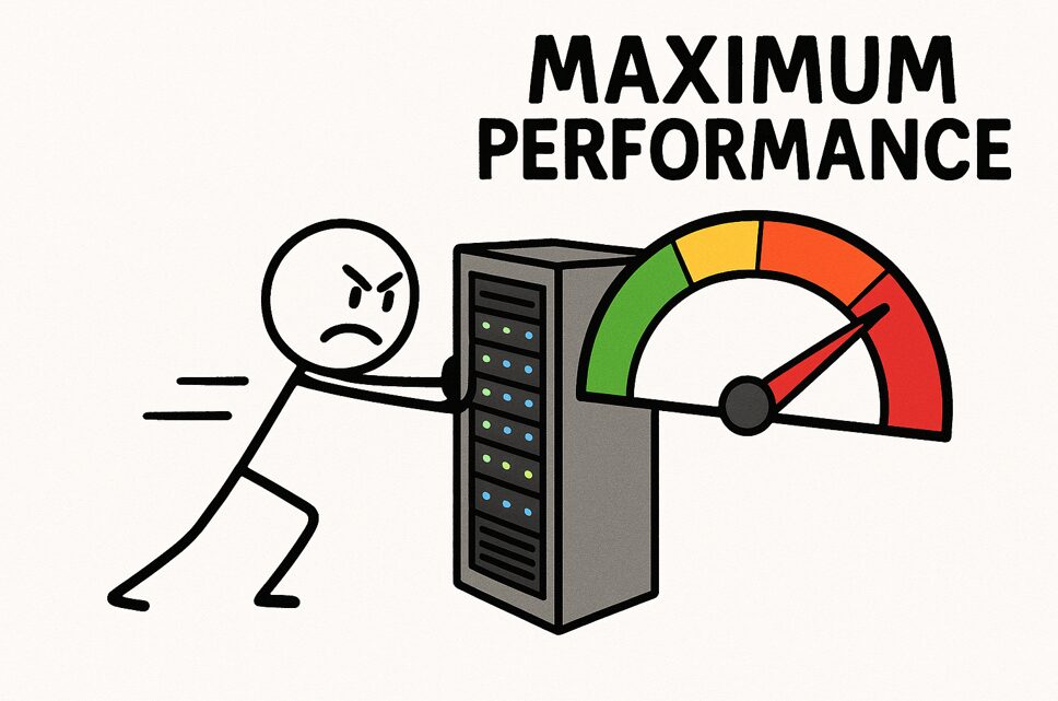 An image of a stickman pushing a server to maximum performance.