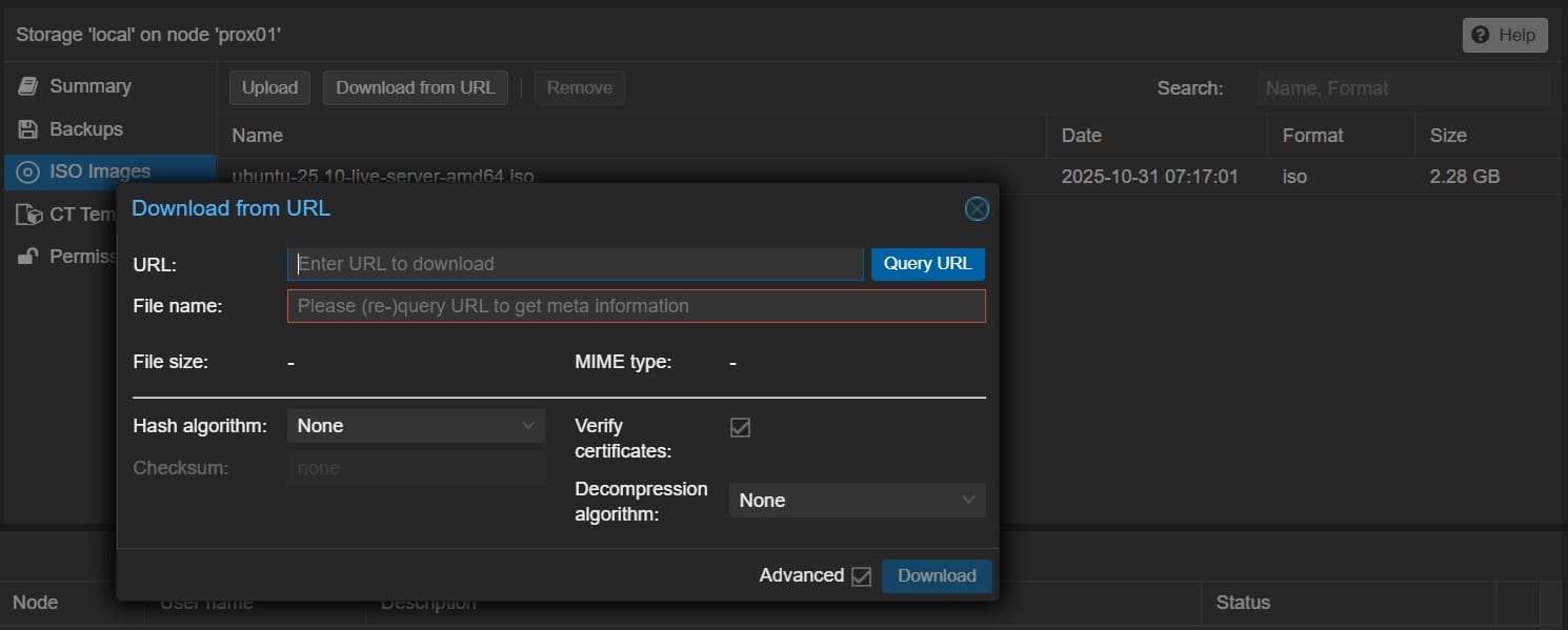 Proxmox VE 'Download from URL' dialog for ISO images.