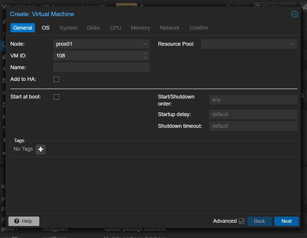 Proxmox “Create Virtual Machine” wizard showing the General settings tab.
