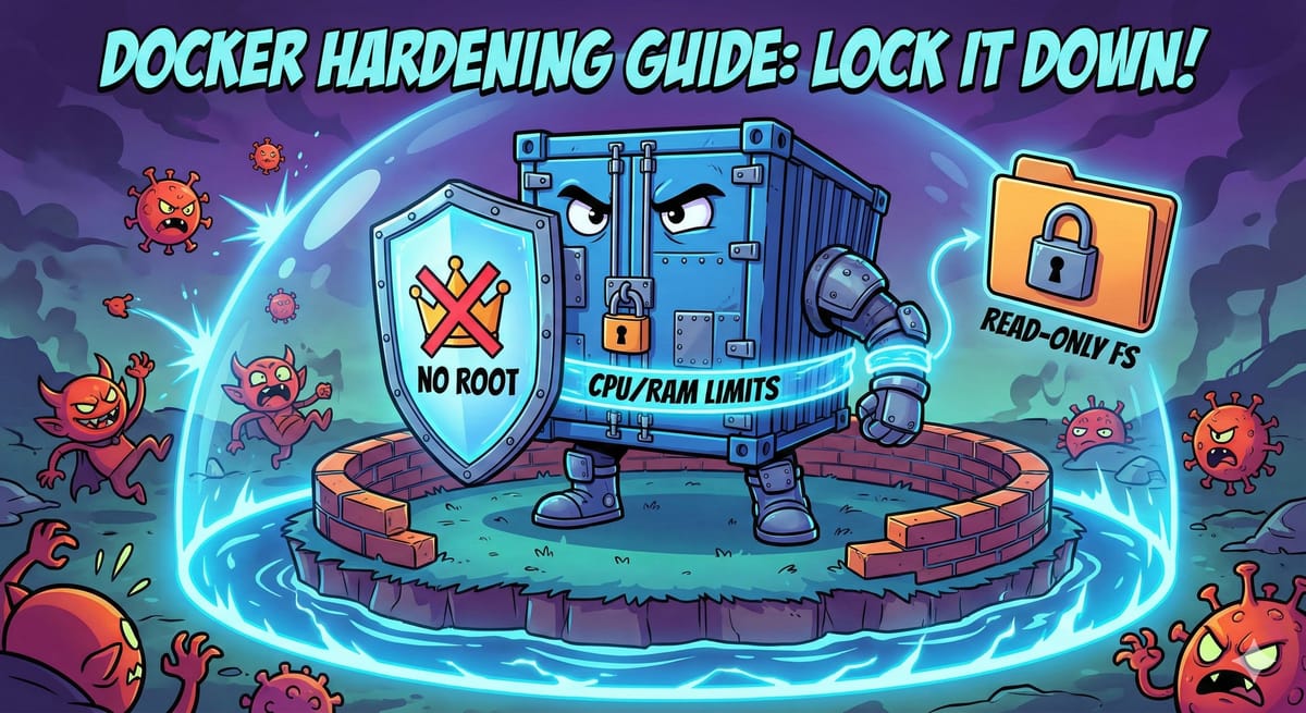 Cartoon Docker container blocking attacks with a shield and padlock.