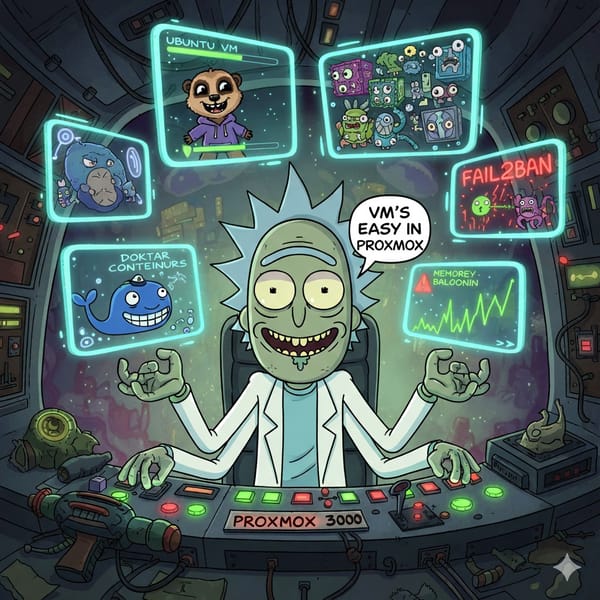 Rick Sanchez from Rick and Morty managing virtual machines in a control room, with screens showing Ubuntu, Docker, Fail2ban, and memory ballooning. Speech bubble: 'VM's are easy in Proxmox'.