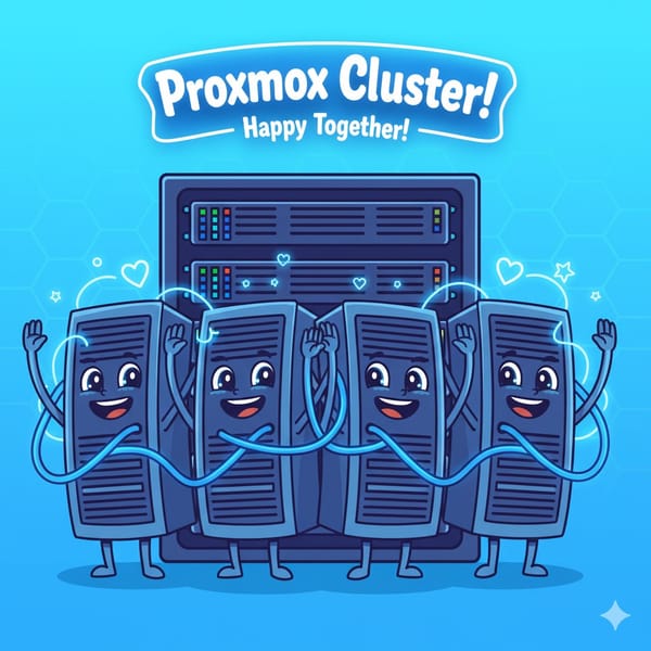 A cartoon illustration of four happy servers linked together as a Proxmox Cluster.