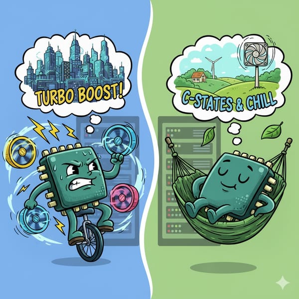 A cartoon CPU on a unicycle with "Turbo Boost" thoughts, contrasted with a relaxed CPU in a hammock with "C-States & Chill" thoughts, illustrating performance versus power saving.