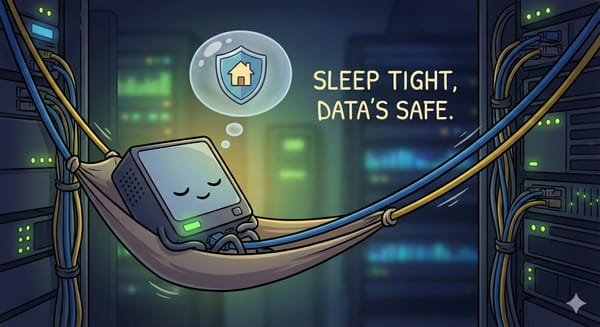 Illustration of a personified mini-server sleeping in a hammock made of ethernet cables. Text reads: "SLEEP TIGHT, DATA’S SAFE."