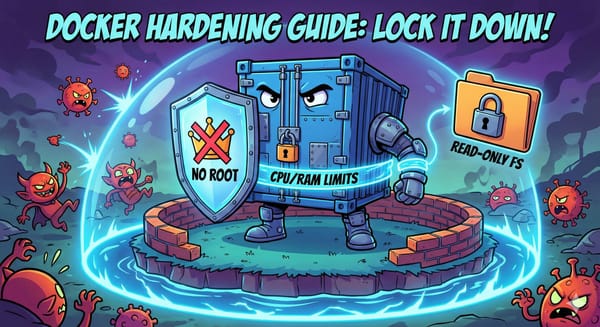 Cartoon Docker container blocking attacks with a shield and padlock.