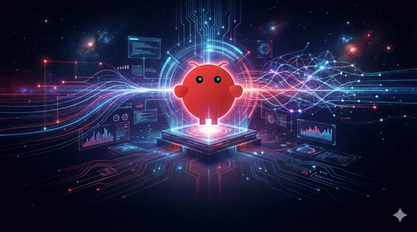 A red, round robot character stands on a glowing, futuristic data pedestal against a complex sci-fi background of data streams and holographic displays in space.
