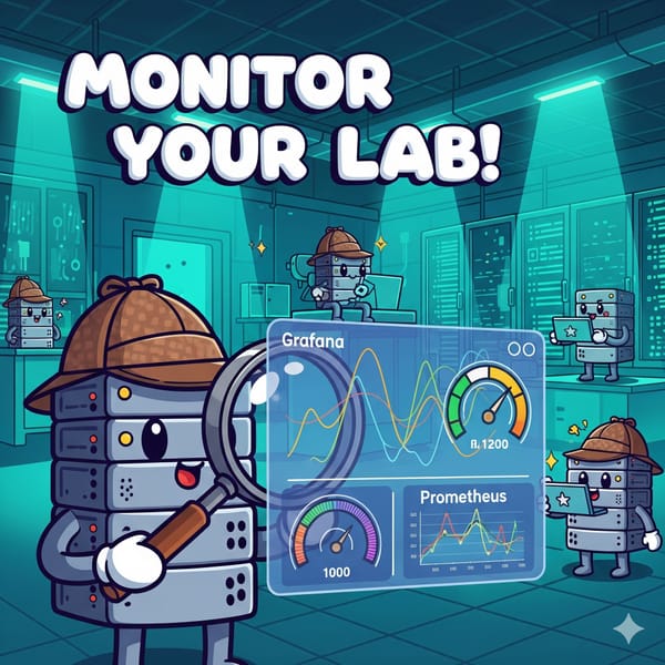 A cartoon server detective using a magnifying glass to inspect glowing Grafana and Prometheus monitoring charts.