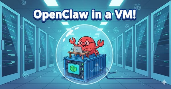 Cartoon of a crab working on a laptop atop a Docker container inside a bubble, set in a server room with text reading "OpenClaw in a VM!