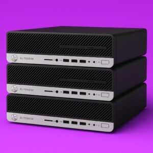 A stack of HP EliteDesk 800 G3 desktop PCs